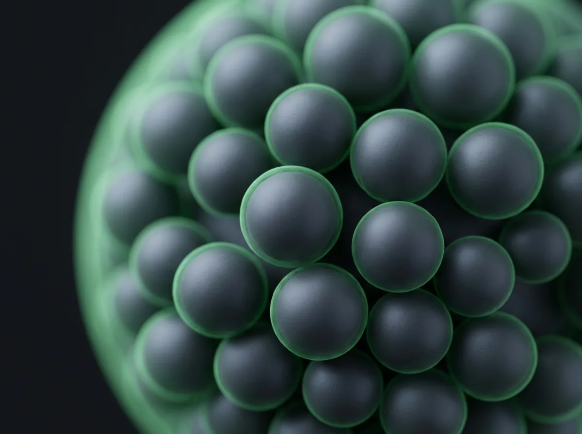 Cluster of spherical battery material particles, each with a thin green surface layer