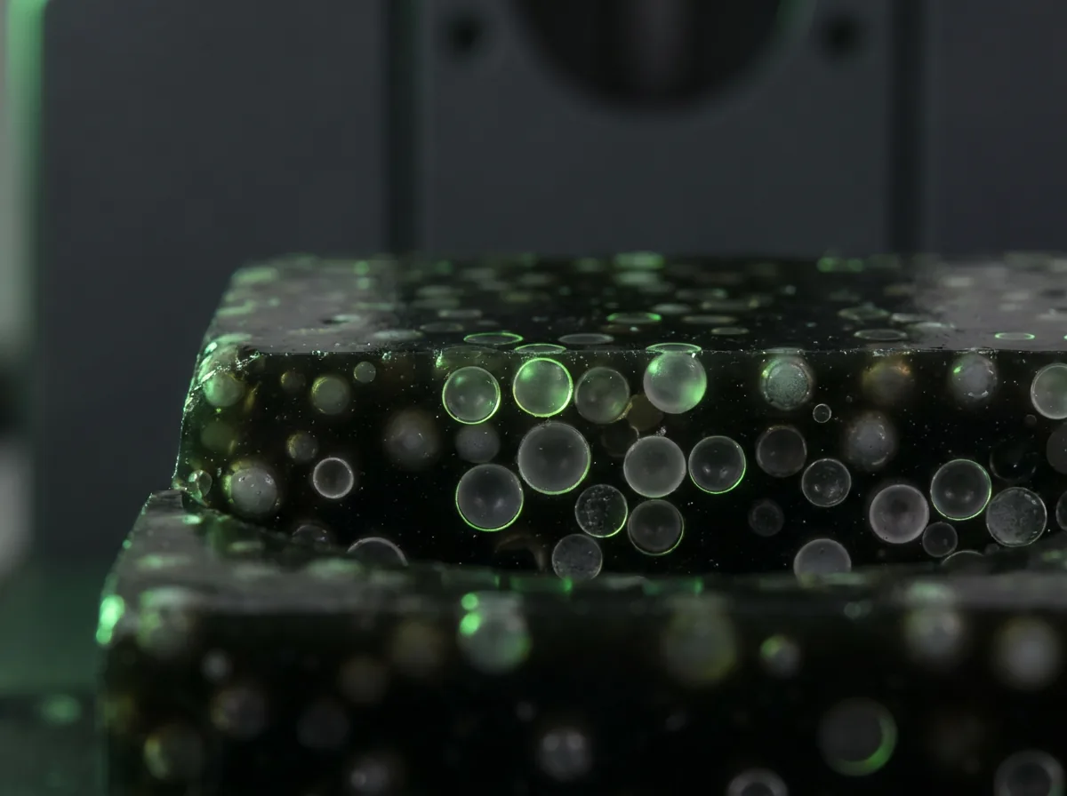 Cross-section of a composite material with spherical filler particles in a dark matrix